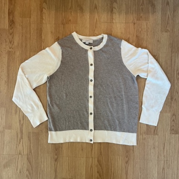 Ann Taylor Loft Crew Neck Cardigan Sweater Tan/White XL - Picture 1 of 4
